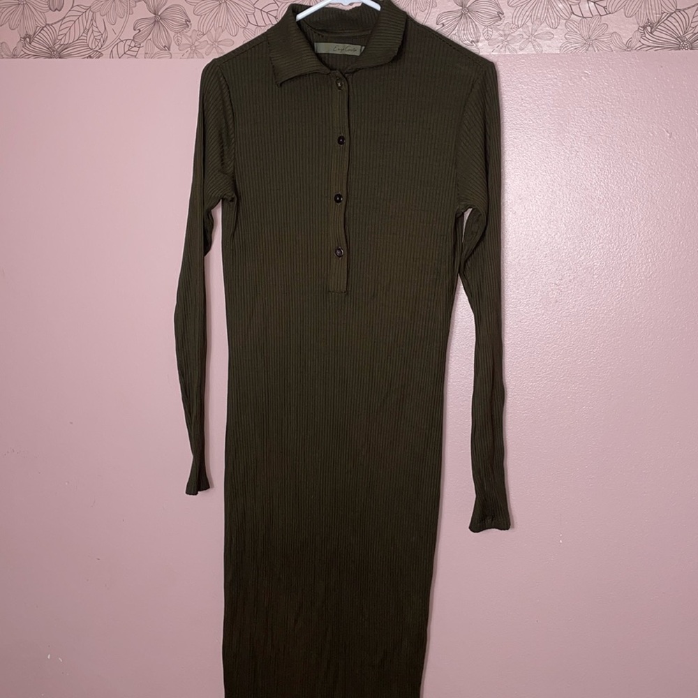 Enza Costa Ribbed Henly Midi Dress in Olive Green M